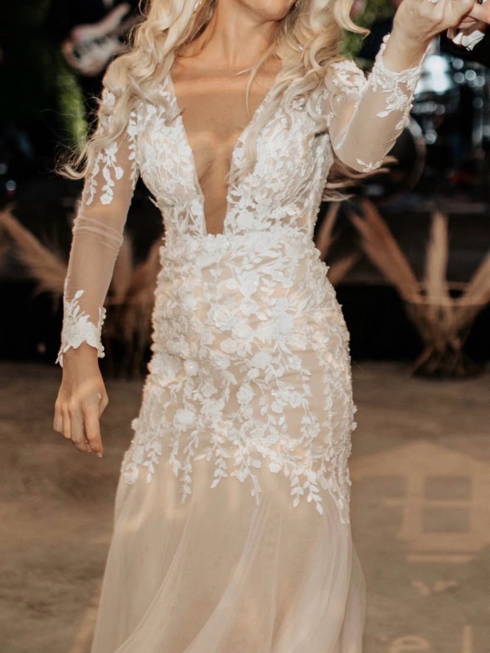 Floral Appliqué Deep V Wedding Dress in Ivory